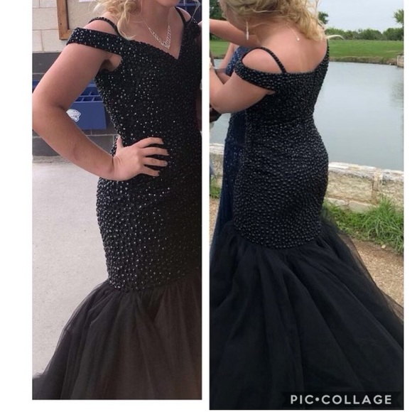 BLACK OFF-SHOULDER WITH/TULLE SKIRT -SIZE 8- DESIGNER-SHERRI HILL BLACK W/BEADS - Picture 3 of 3